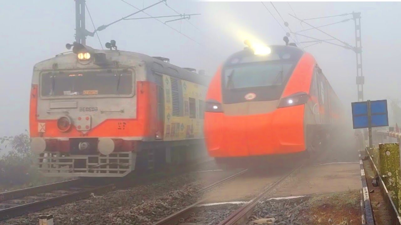 Foggy weather! Magnified LHB Balurghat Exp & Bande Bharat Exp and EMU Local skip Level crossing geat