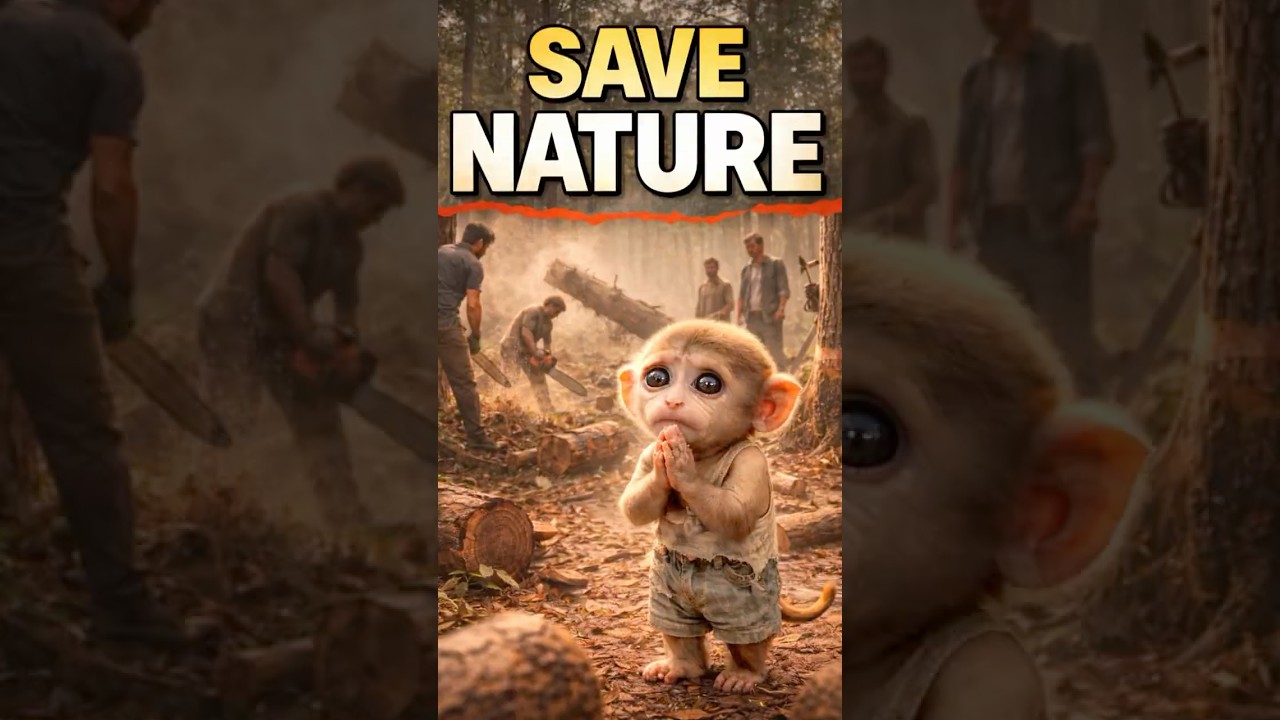 Poor baby monkey is begging us with folded hands… please save nature 🌱💔 