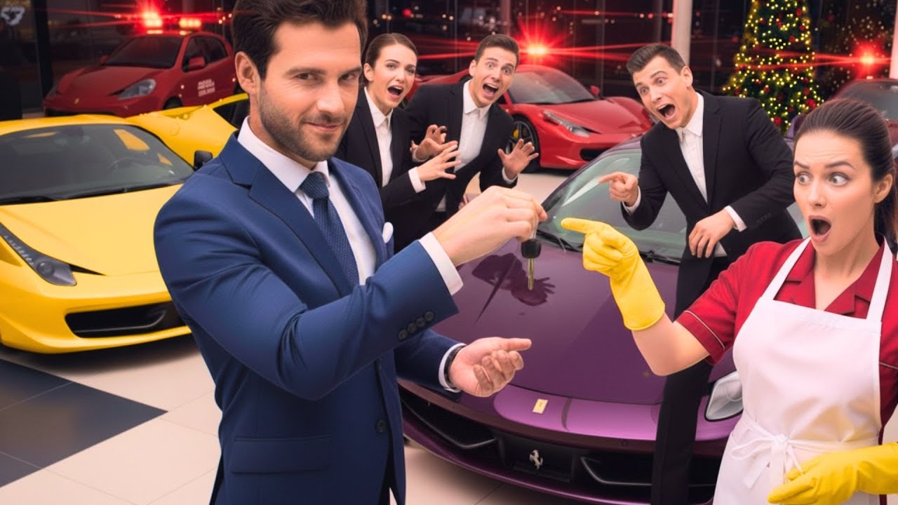 BIZNESMEN ZABRAŁ SPRZĄTACZKĘ, ABY POMOGŁA MU WYBRAĆ 3 FERRARI NA GWIAZDKĘ… A CAŁY SALON ŚMIAŁ SIĘ,