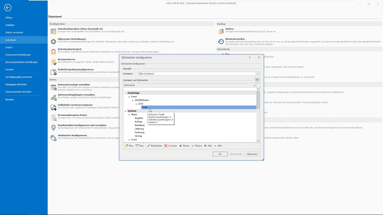 Die neuen Stichwörter in den aktuellen cobra CRM 2020er Lösungen.