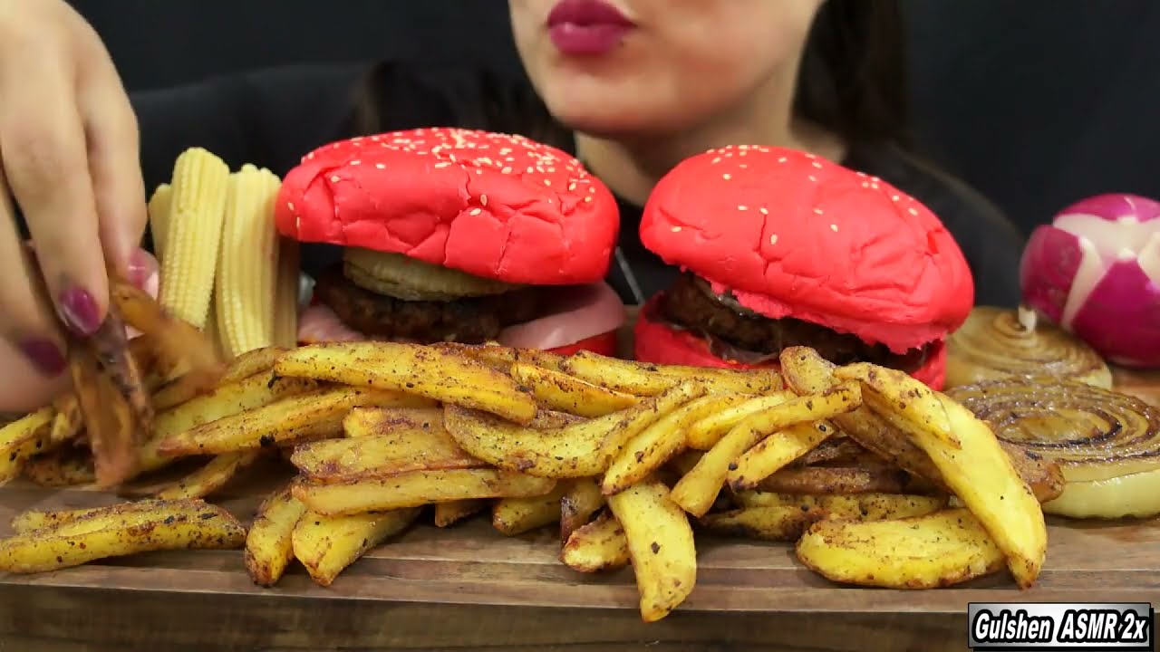 2x ASMR Red Burger | Mini corn | Fried Potatoes and Onions/No Talking
