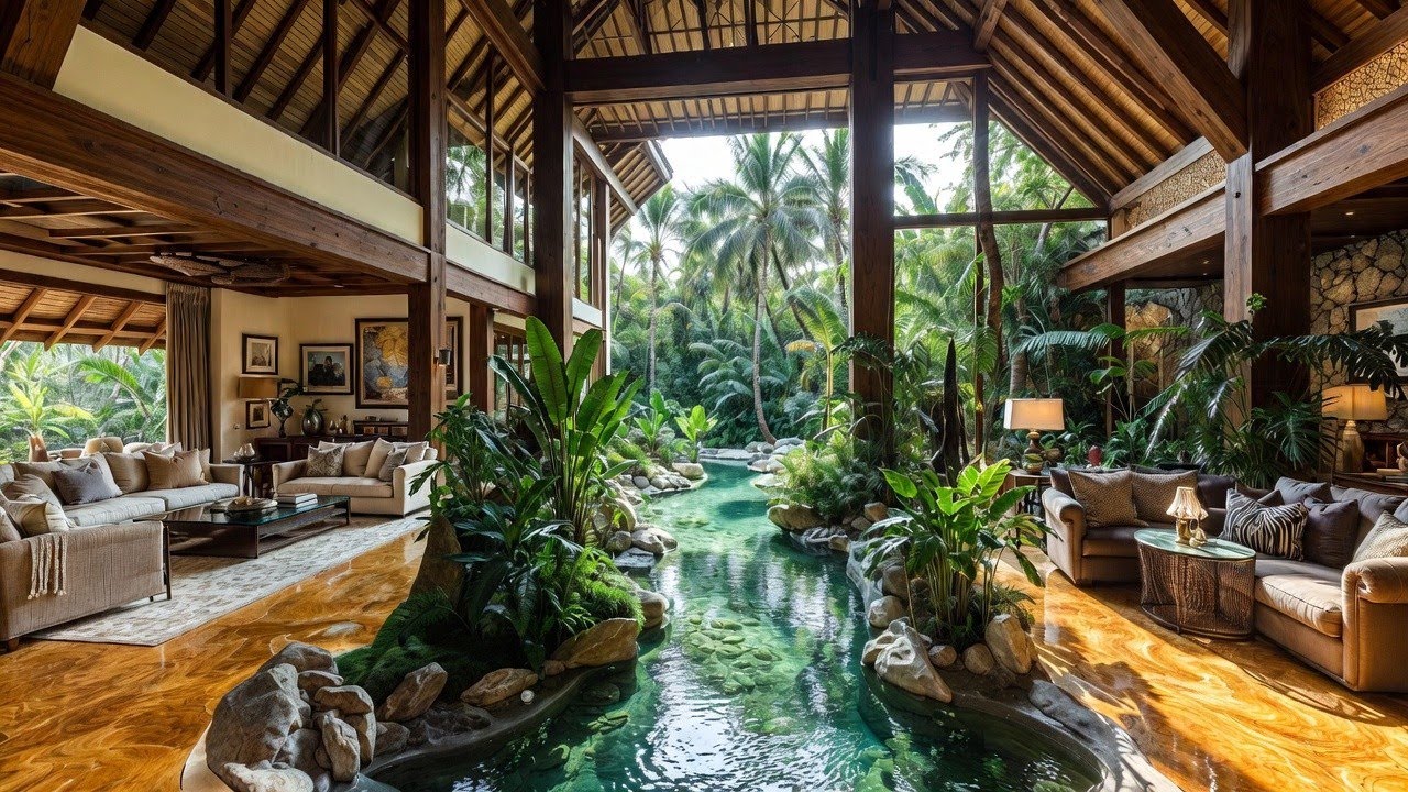 🏡Modern Tropical House Interior with Indoor Garden | Luxury Living Room Design