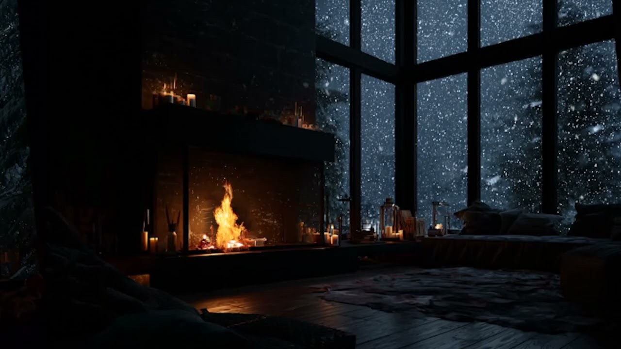 Snowstorm Night in a Cozy Cabin ❄️ Fireplace Crackling Sounds for Relax & Sleep