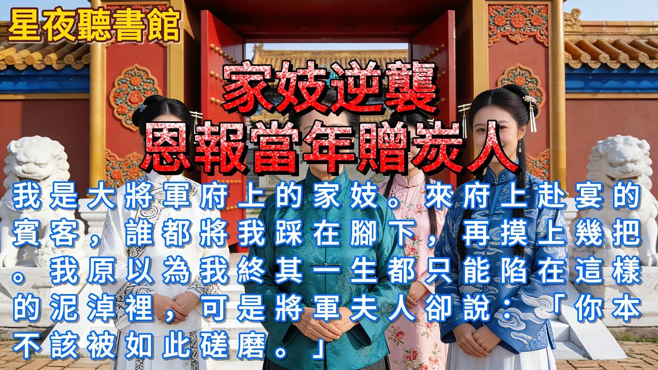 《家妓逆襲：恩報當年贈炭人》我是大將軍府上的家妓。來府上赴宴的賓客，誰都將我踩在腳下，再摸上幾把。我原以為我終其一生都只能陷在這樣的泥淖裡，可是將軍夫人卻說：「你本不該被如此磋磨。」#一口氣看完
