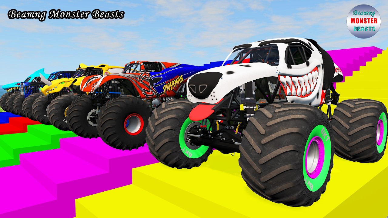 Monster Truck Transport on Triple Flatbed Trailer &ndash; BeamNG Monster Beasts #281
