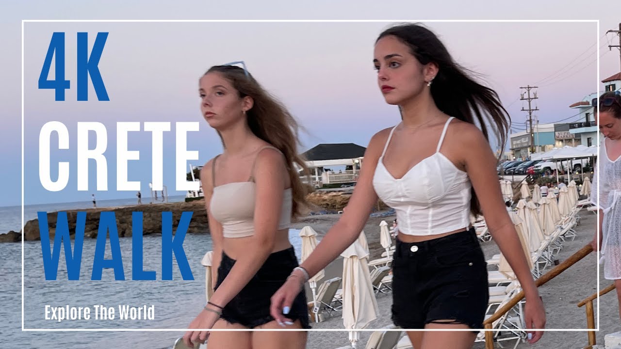 【4K】 Greece Crete Walk - Paralia Heraklion Gouves Beach with Sea Waves Sounds at Night