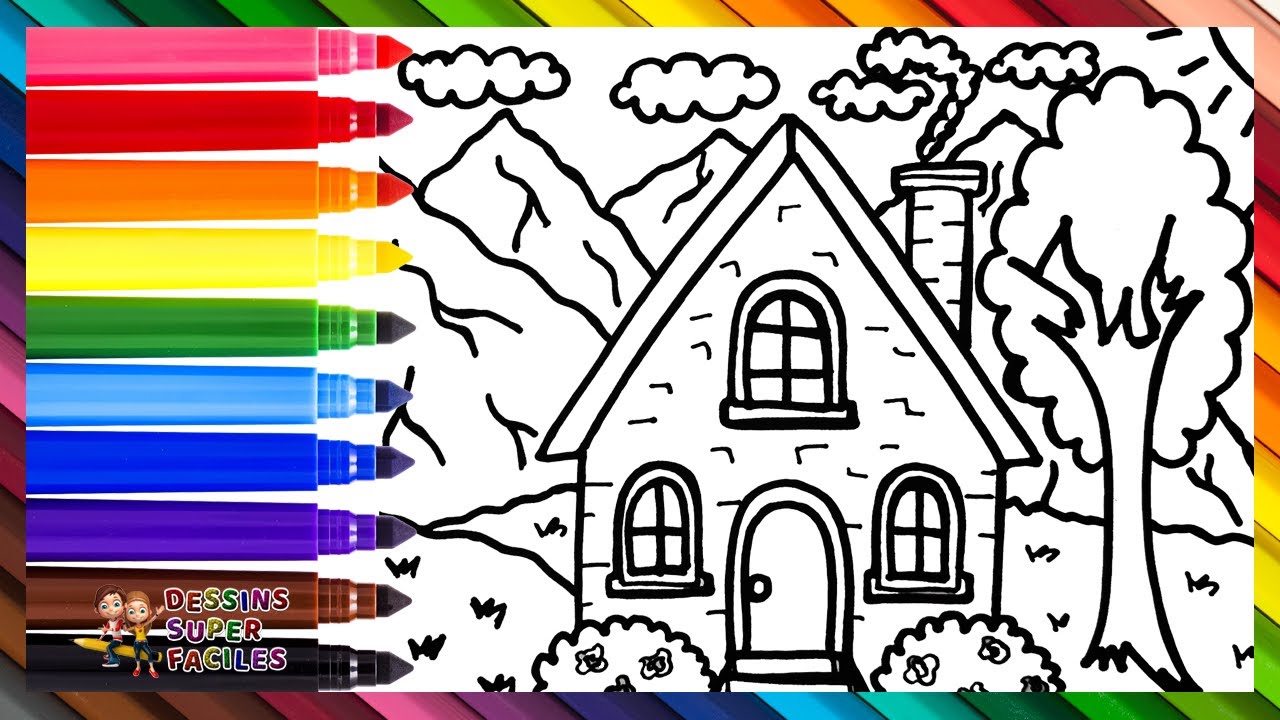 Dessiner et Colorier une Maison à la Montagne 🏠⛰️🌳☀️☁️🌈 Dessins pour Enfants