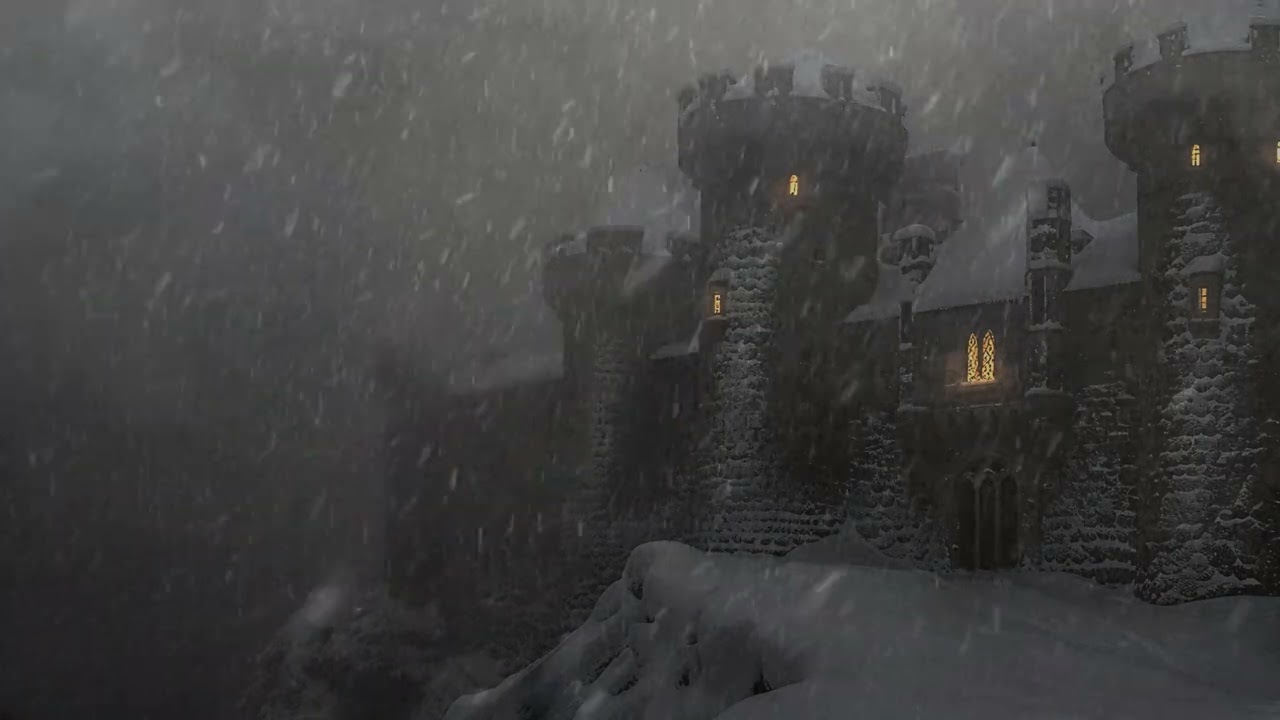 10 Hour Dark Eerie Winter Castle Overlooking Cliff In Haunting Howling Blizzard Winds