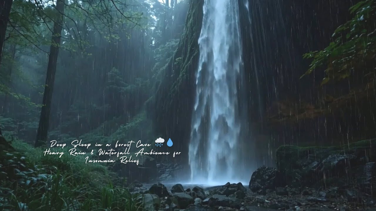 Deep Sleep in a Forest Cave 🌧️💧 Heavy Rain & Waterfall Ambience for Insomnia Relief