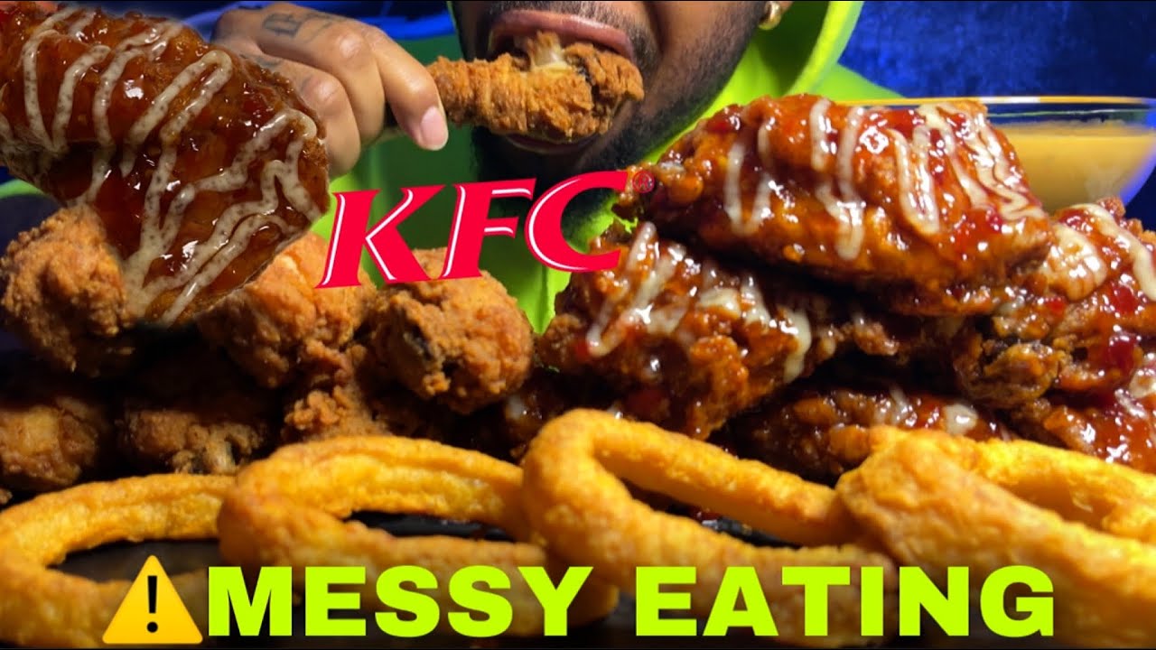 ⚠️MESSY EATING SPICY CHEESE SAUCE🤤 KFC FRIED CHICKEN SWEET BBQ CHICKEN & ONION RINGS