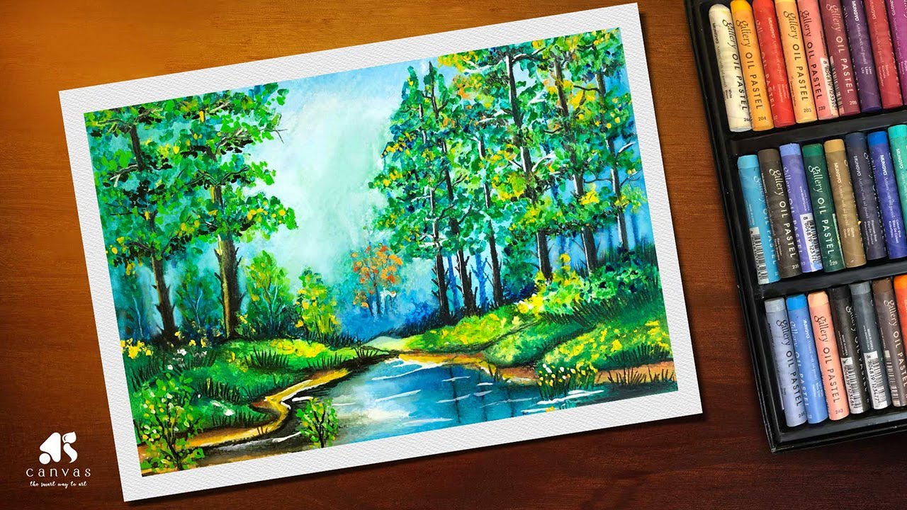 Forest drawing for beginners with Oil Pastel colour step by step | Oil Pastel nature drawing