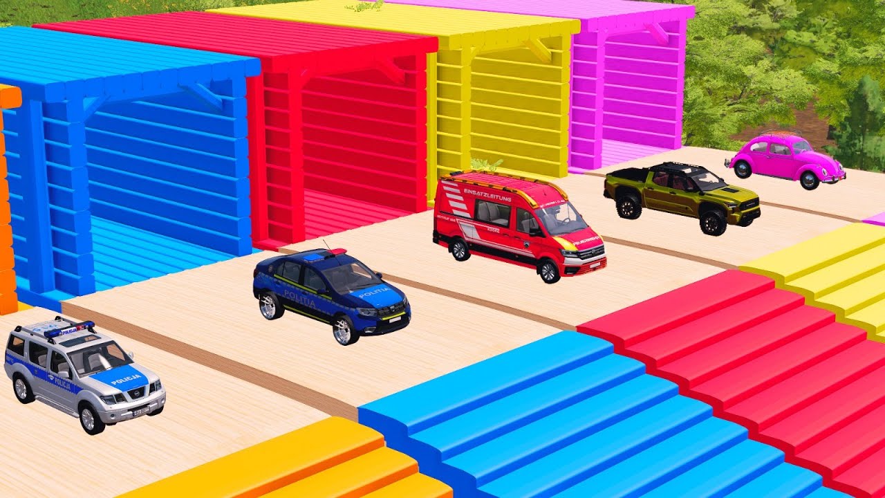 Garage with colors – transport of colors – Police SUV, Fire Van, Offroad Truck & Pink Beetle