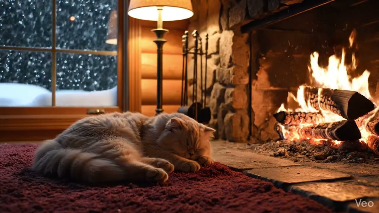 11 Hours Sleeping Cat by the Fireplace – Cozy Crackling Fire +  Deep Sleep & Relaxation