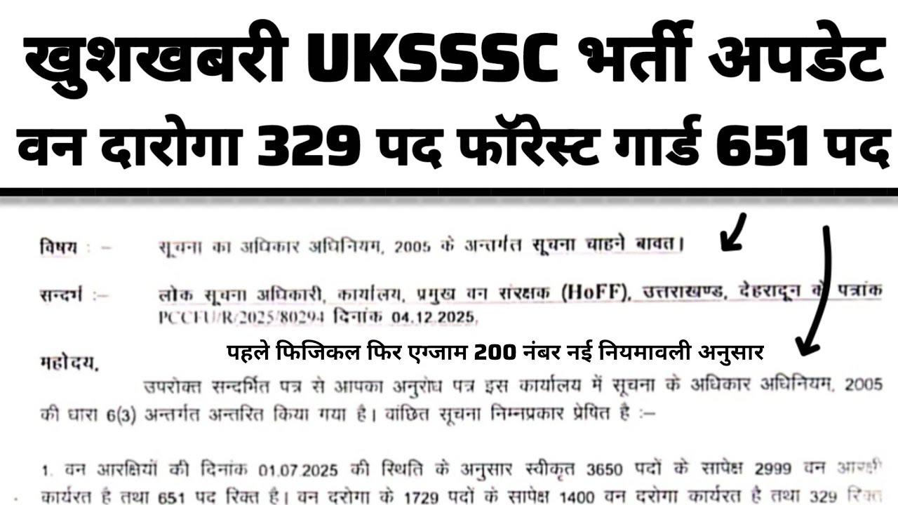 UKSSSC फॉरेस्ट गार्ड 651 पद / और वन दारोगा 329 पद / पुलिस अग्निशमन द्वितीय अधिकारी भर्ती 2026 