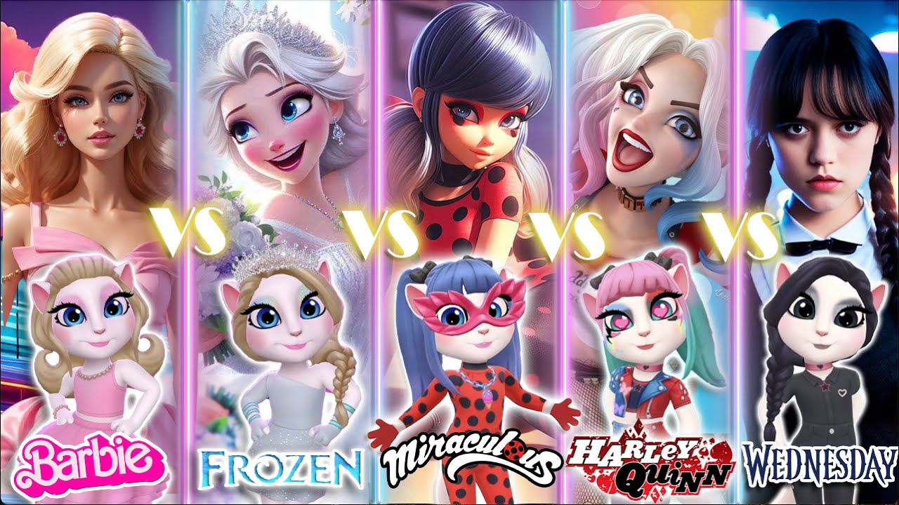 My talking Angela 2 | Barbie😘💋 VS Frozen Vs Ladybug VS Harley Quinn Vs Wednesday | cosplay