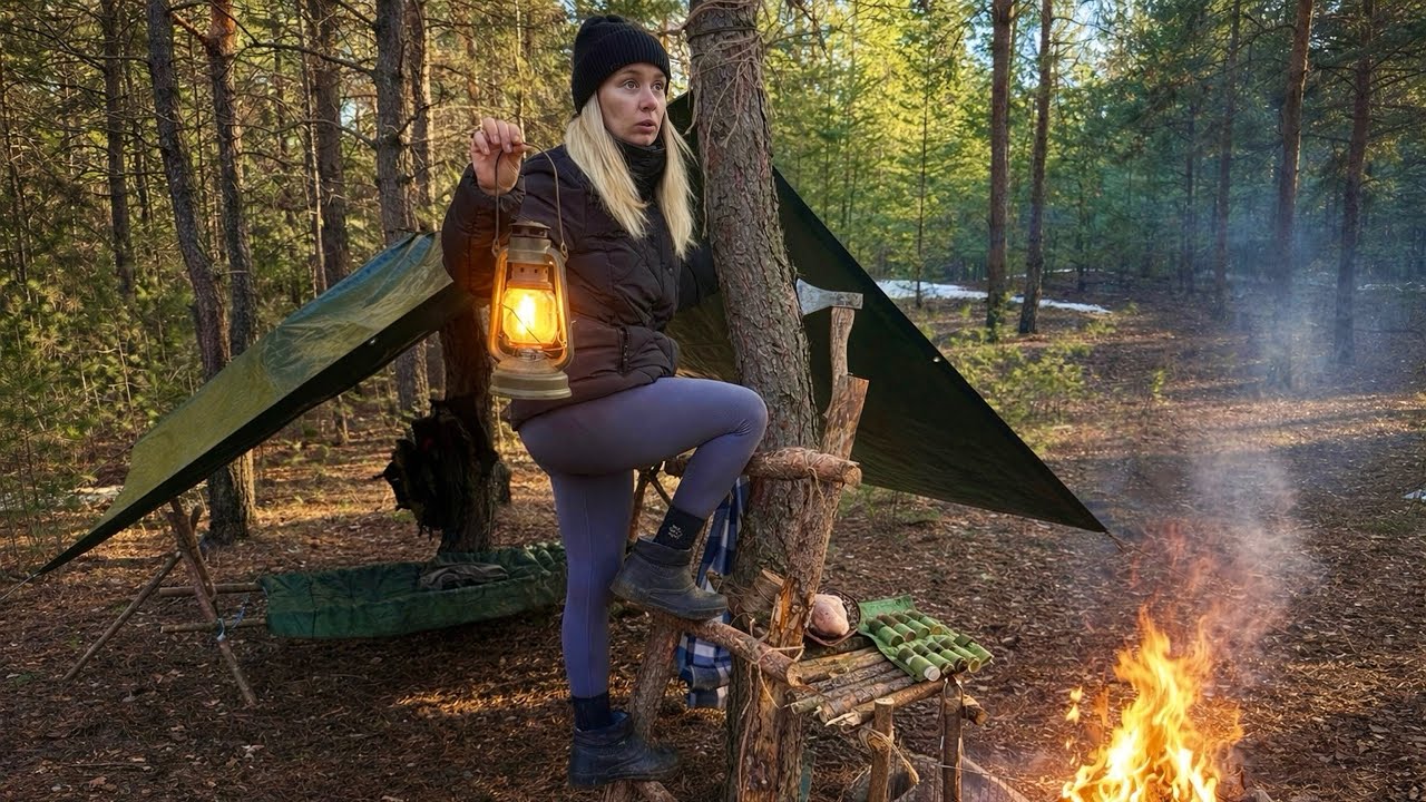 Cozy Bushcraft Camp in the Forest