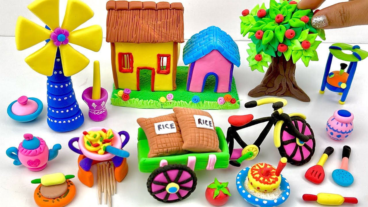 DIY How to make polymer clay miniature house, kitchen set, Rikshaw, Windmill, Tree,Charpai | Village