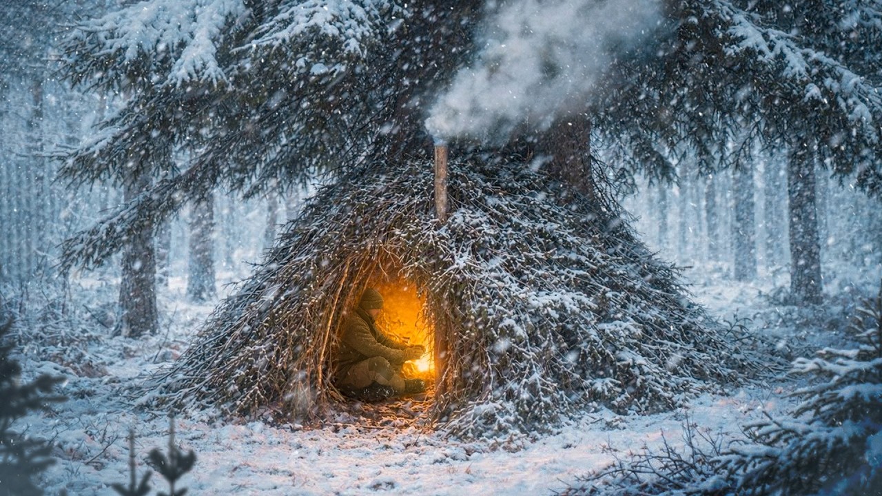 Building a warm and cozy bushcraf tshelter, from branches under a spruce tree @PolissyaBushcraft