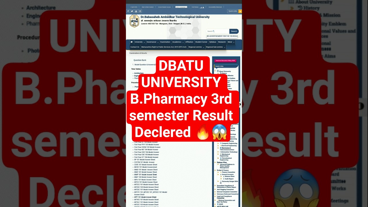 DBATU UNIVERSITY B.Pharmacy 3rd semester Result Declered 🔥😱