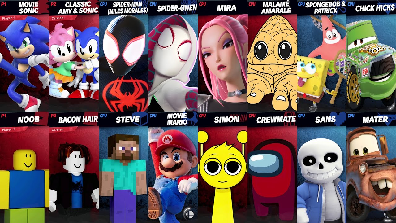 Sonic vs Spiderman vs SpongeBob vs Steve vs Roblox vs Minecraft vs Brainrot vs Car | Smash Bros