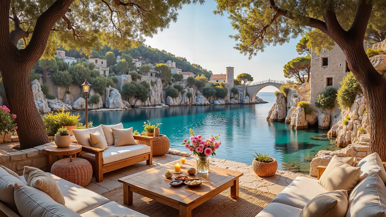 Tranquil Mediterranean Lagoon Jazz 🌊 Luxury Coastal Villa & Riverside Escape Ambience