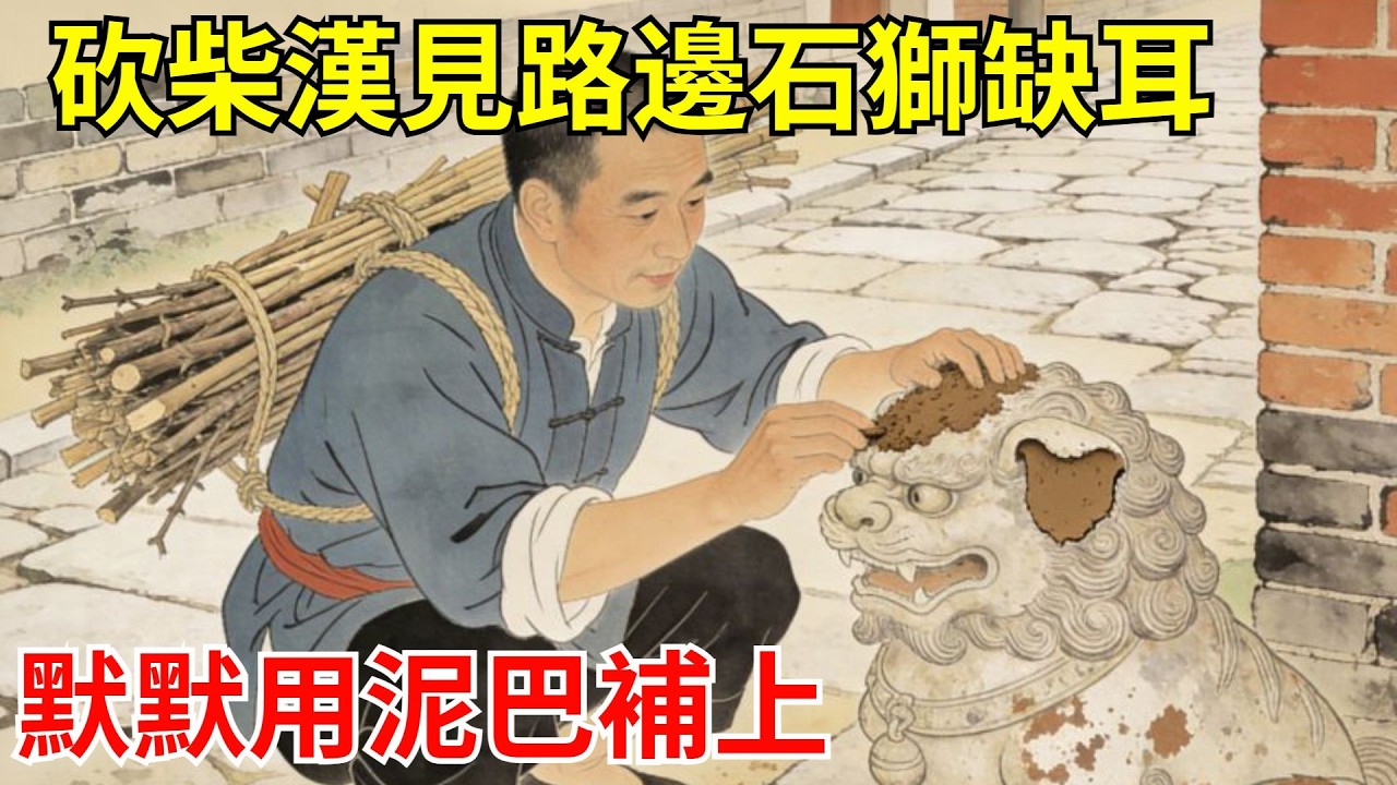 砍柴漢見路邊石獅缺耳，笑罵聲中默默用泥巴補上。當夜夢見金甲神將：你敬我一分，我護你三代！十年後他兒子高中狀元，全村香火供那石獅！ #故事頻道#聽書#民間故事#說書#善有善報#爽文