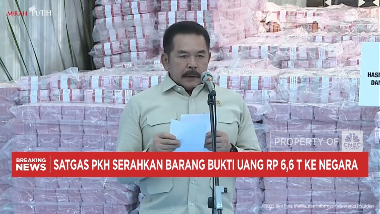 Jaksa Agung Serahkan Tumpukan Duit Rp 6,6 Triliun Sitaan Satgas PKH