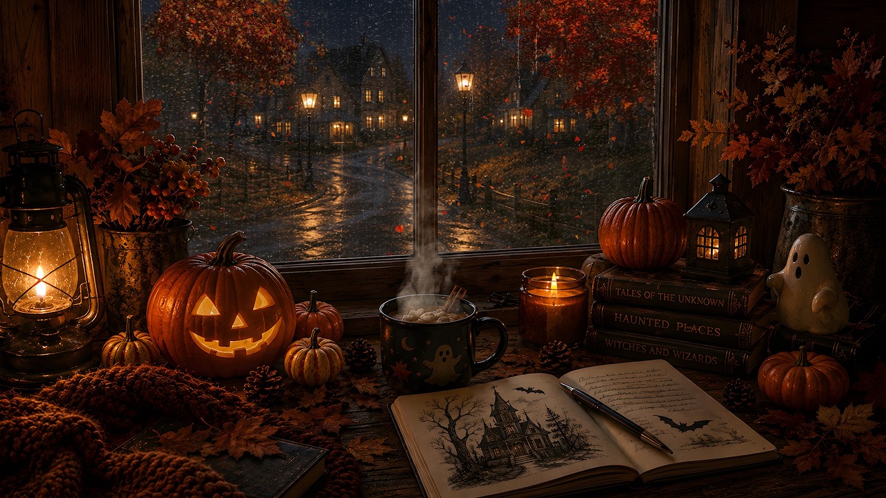 Cozy Autumn Halloween Rain Window Ambience 🎃 Leaves Autumn, Rainstorm Sounds 🌧️ Cozy Window Nook