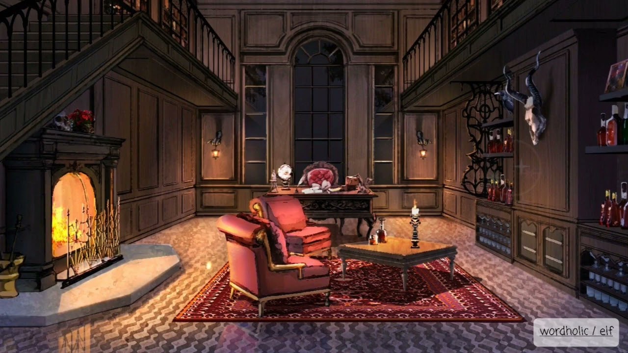 Lucifer's office (Obey Me ambience : fireplace, music, slight writing)