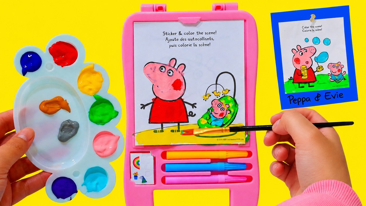 Peppa Pig i malutka Evie: Malowanie na sztaludze! Sztuka dla dzieci
