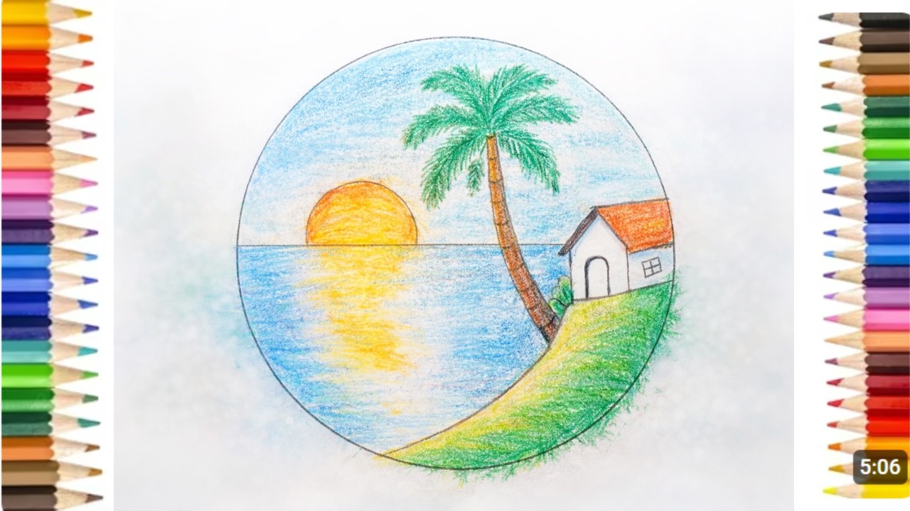 Beautiful Sunset Beach Scenery Drawing || Easy Pencil Color Drawing Tutorial Step by Step