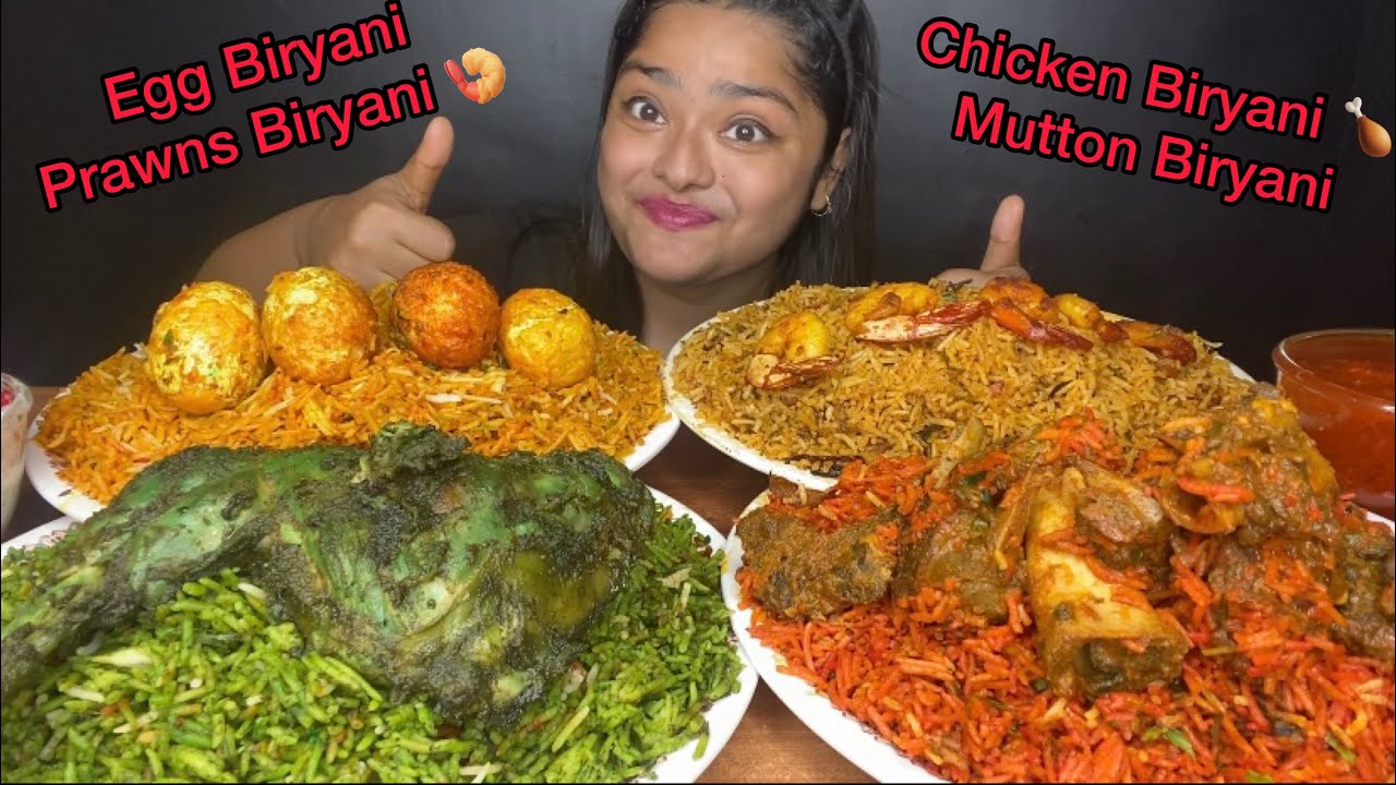 CHICKEN BIRYANI 🍗 MUTTON BIRYANI, EGG BIRYANI AND PRAWNS BIRYANI 🍤 WITH RAITA | BIG BITES MUKBANG