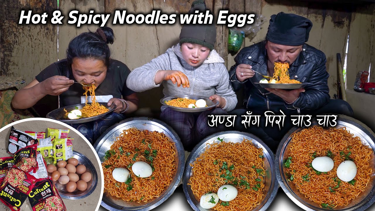 Spicy Noodles and Boiled Eggs Mukbang in Village | Village-style cooking on fire | Village life vlog