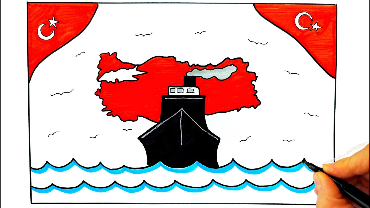 19 Mayıs Resmi Çizimi - Vapur Çizimi - Bandırma Vapuru Çizimi - 19 Mayıs Resmi Nasıl Çizilir?