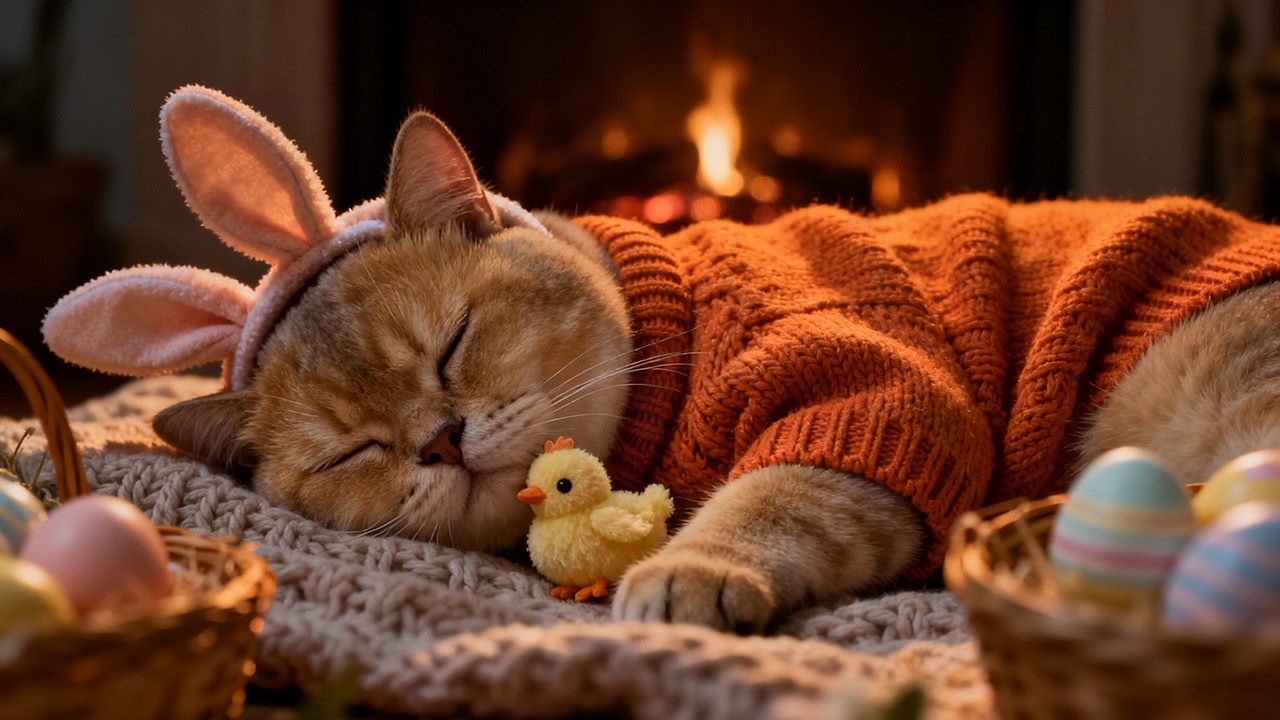 🐰 Cozy Easter Purring Cat by the Fireplace 🔥 Deep Sleep ASMR (No Music)
