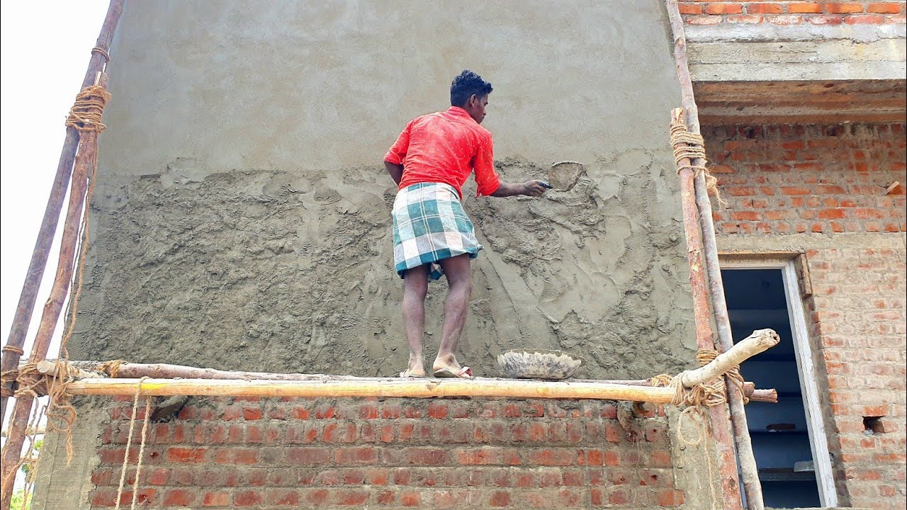Wall Plastering Construction_Outside House Brickwall Plastering with Cement mixer|Speed Plastering