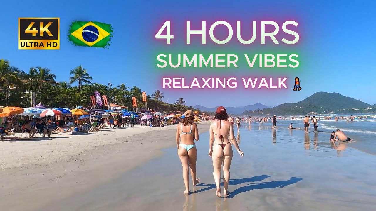 4K Vídeo (Ultra HD) 4 ЧАСА Летней Атмосферы 🇧🇷: Прогулка по Пляжу (BRAZIL) ☀️ 🌊 🌴 🏃‍♂️