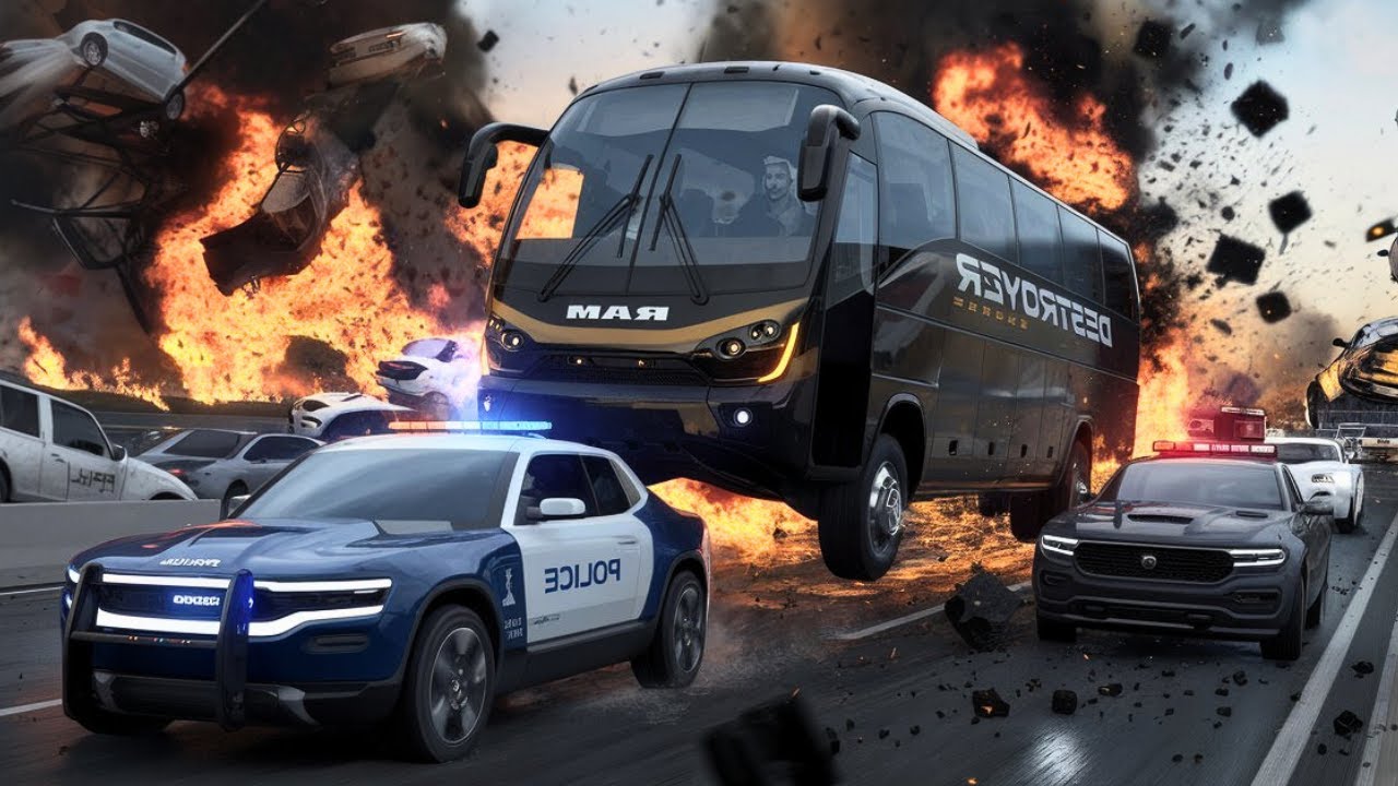 Thrilling 3D Car Chase Police vs Ram-Equipped Destroyer Bus in Massive Traffic Jam Ultimate Crash