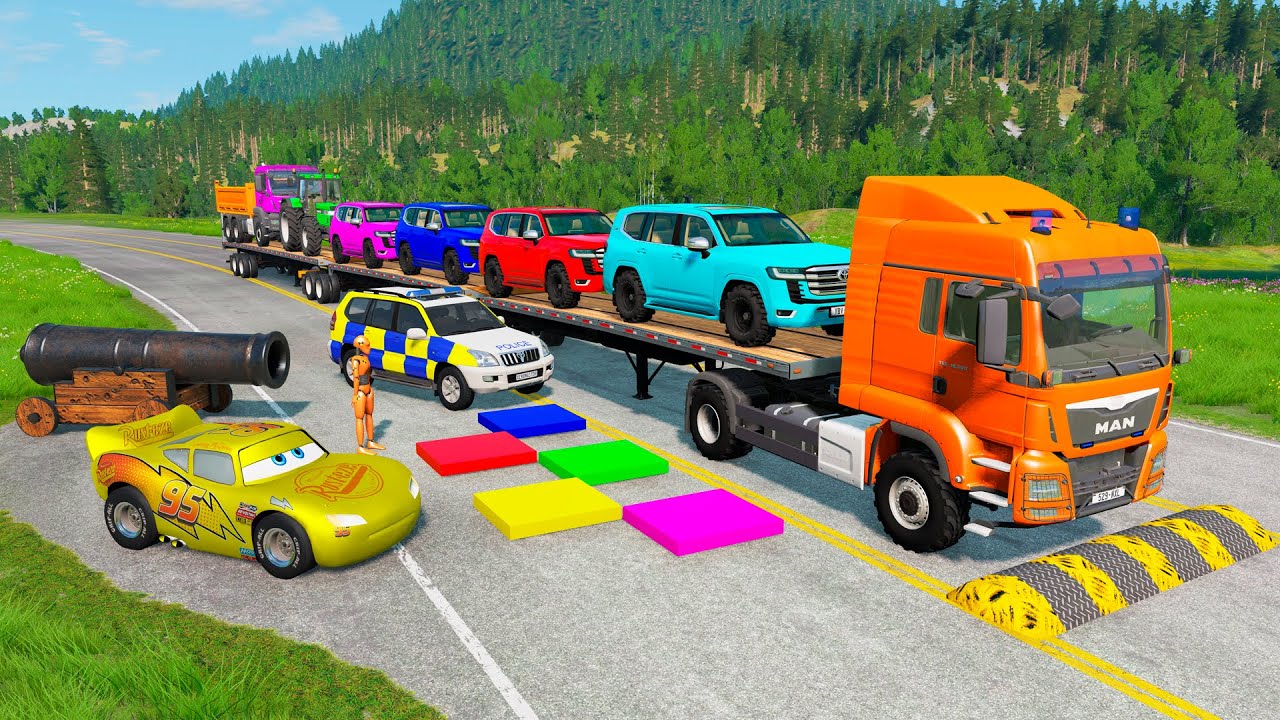 Flatbed Trailer McQueen Transportation with Truck - Speedbumps vs Cars vs Train - BeamNG.Drive #180