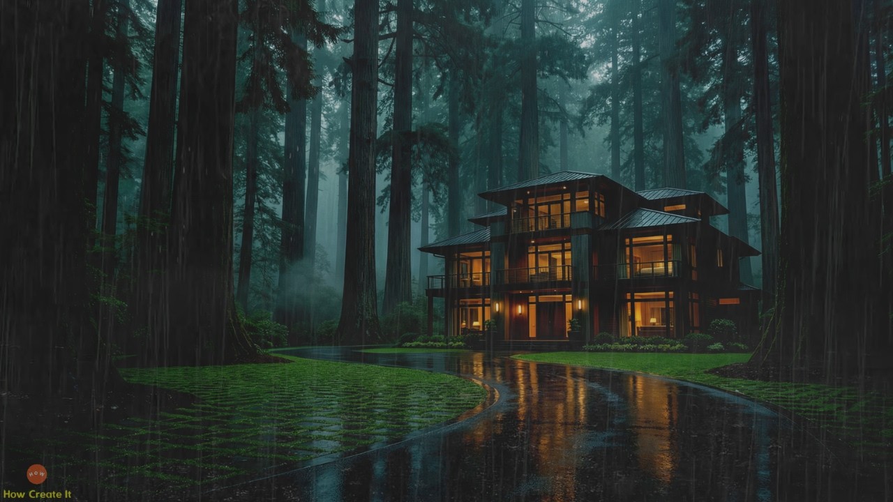 Serene Rainlit Forest Retreat With Warm Glowing Modern House Beneath Towering Ancient Trees