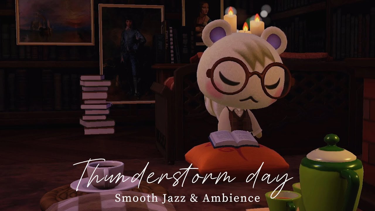 【あつ森BGM】雷雨の日の図書館📚 ジャズver. ４時間BGM 🎧アンビエント [ 落ち着く雨の音☔ ]