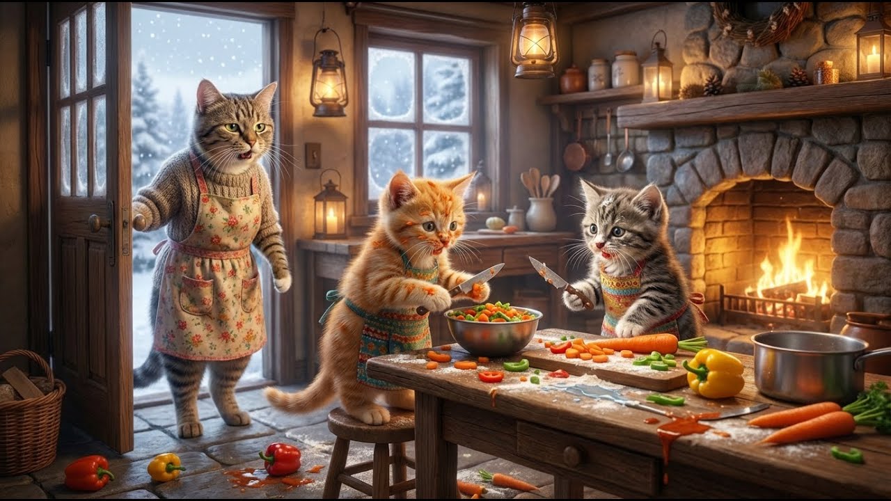 Funny Kittens Make a Mess in Kitchen while mother is sleeping