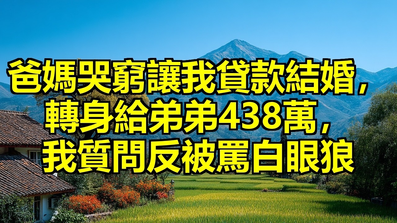 爸媽一直哭窮，我貸款買房結婚，回頭他們給弟弟全款300萬房子、50萬車、88萬彩禮，我去質問，反被罵成白眼狼不懂事！ #偏心父母 #貸款結婚 #438萬差距