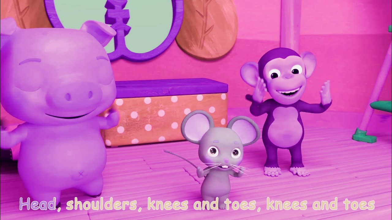 The monkey and friends sing and dance head ,shoulders,knees,and toes,song//effects//