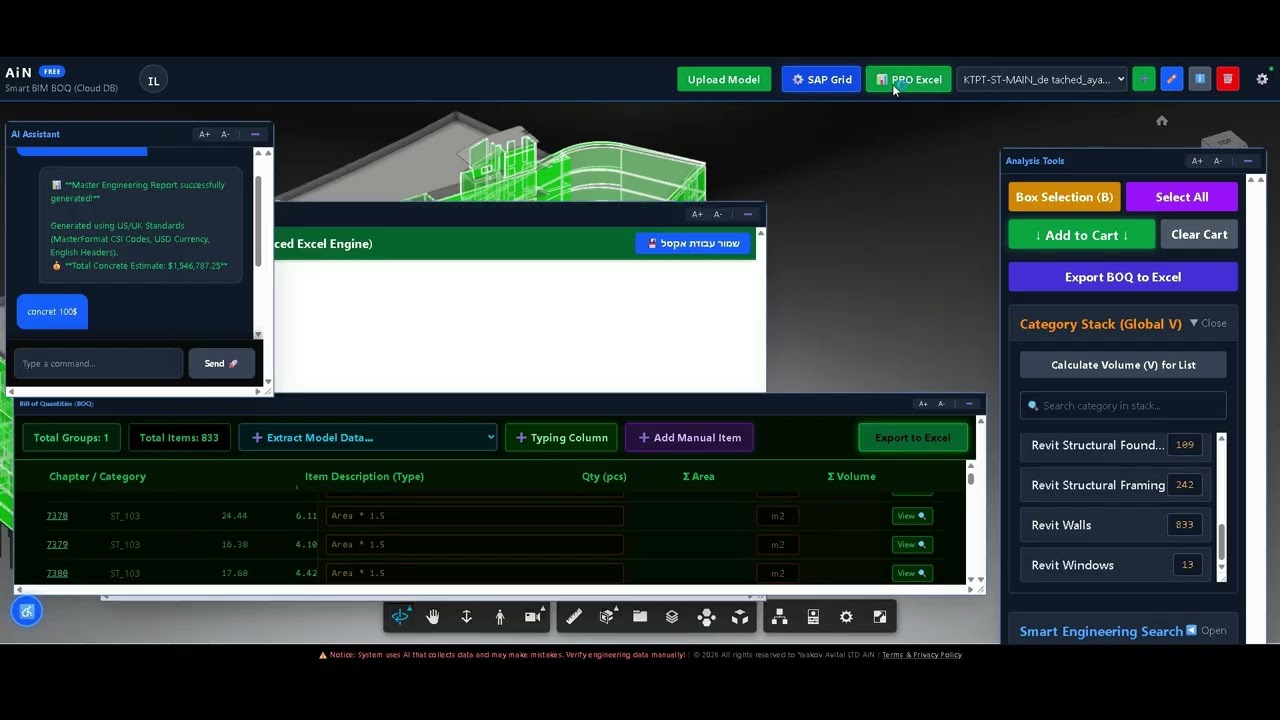 AiN Engine: Auto BOQ and Excel on BIM with AI (Live Demo)