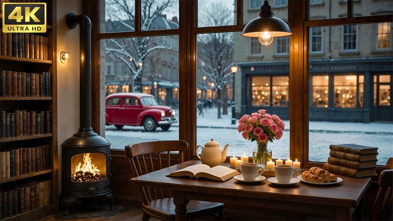 Relaxing Jazz Coffee Shop Ambience ❄️ Peaceful Winter Scenery with Fireplace for Study, Work & Focus