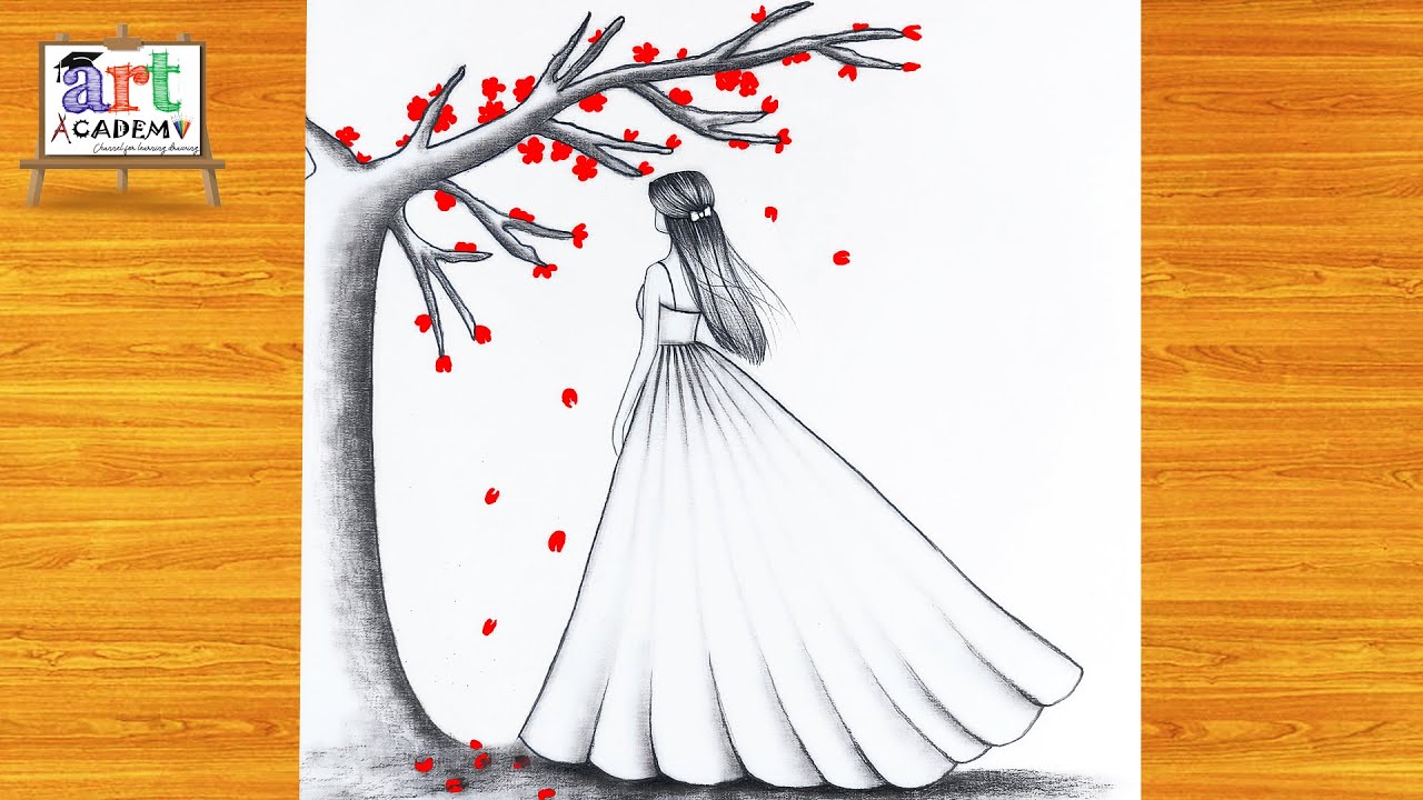 How to draw a cute Girl with Red Tree -Pencil sketch || Drawing easy for beginner || Girl drawing