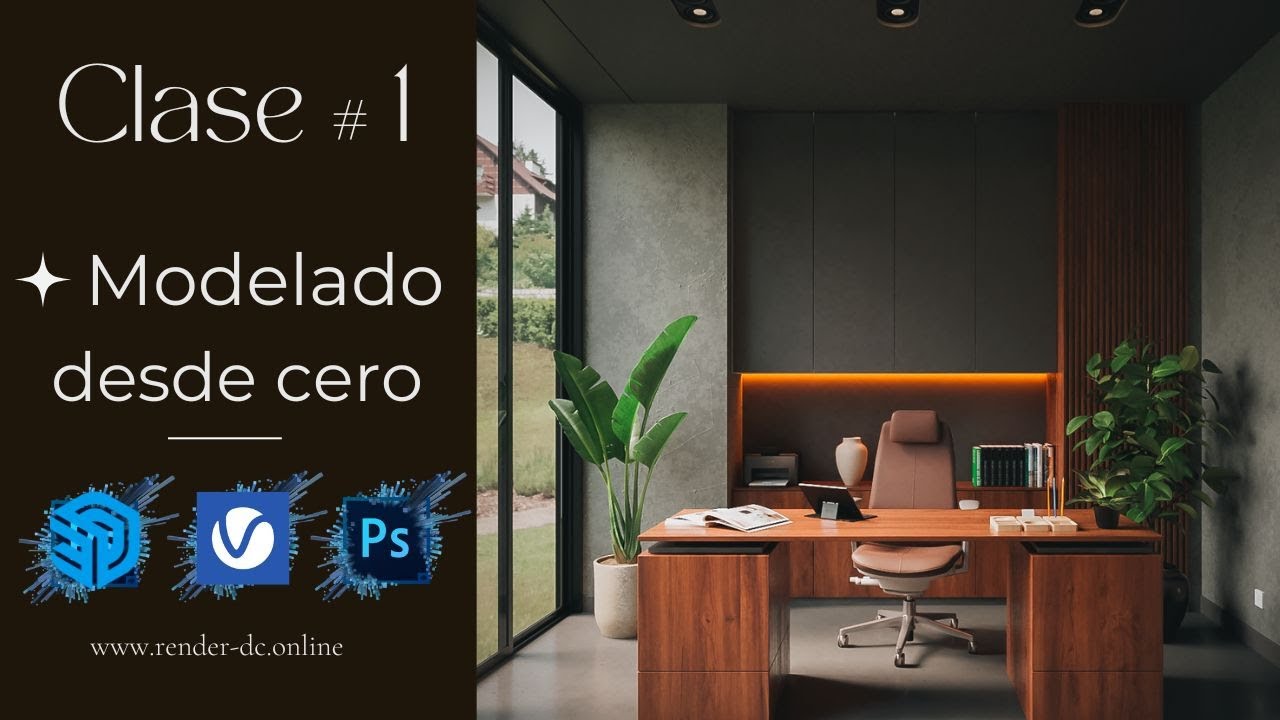 Curso gratuito: Oficina moderna — SketchUp + V‑Ray + Photoshop (3 videos paso a paso)