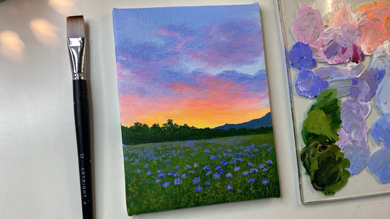 Flower field painting / cloud painting technique/ acrylic painting tutorial/ sunset painting