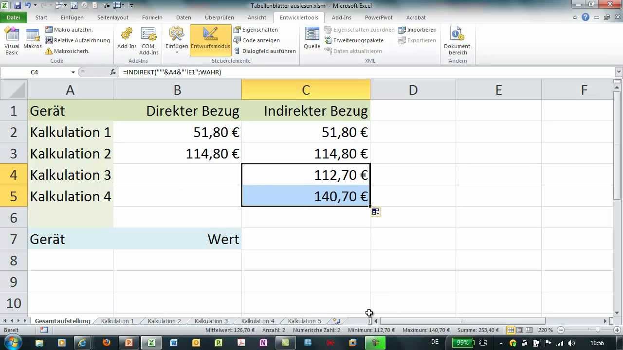 Excel - INDIREKT - Werte aus anderen Tabellenblättern auflisten